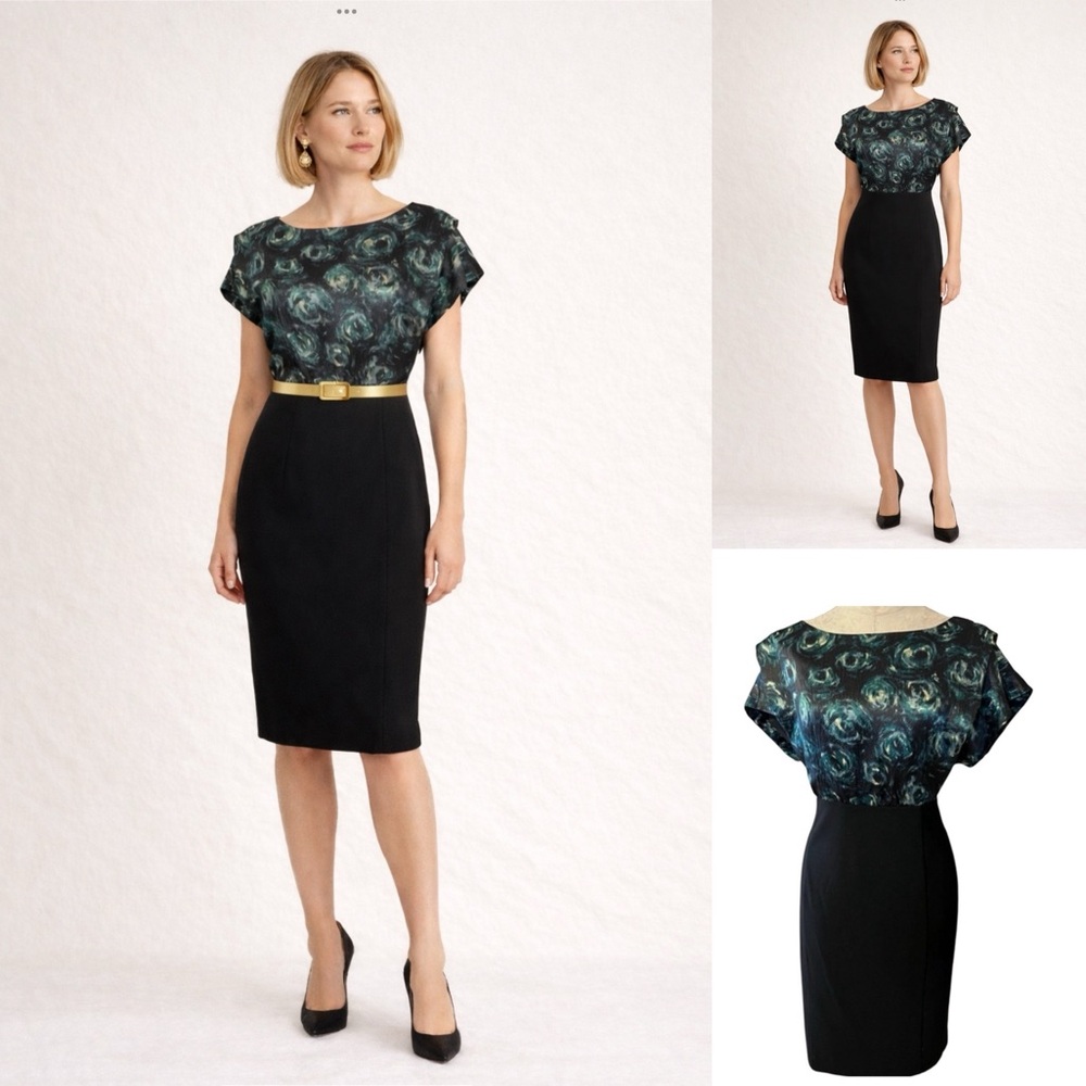 Ann Taylor Silk Top Black Green Short Sleeve  Dress Stretch bottom,career,size 2